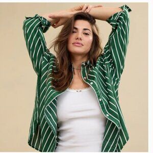 NWT Aerie Good Day Button Down Shirt - Green/White Striped M